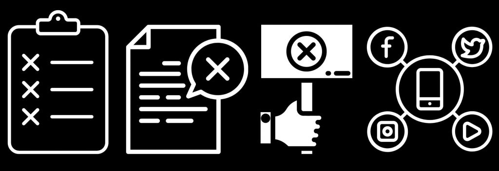 A series of four icons representing a survey, letter, placard and social media sharing